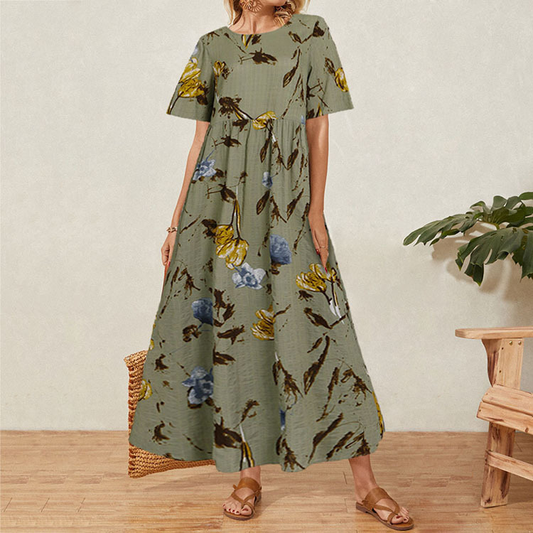 Vintage Floral Long Dres Summer Elegant Linen Short Sleeve Boho Maxi Dress Female Holiday Sundress Party Dresses Vestidos D220611