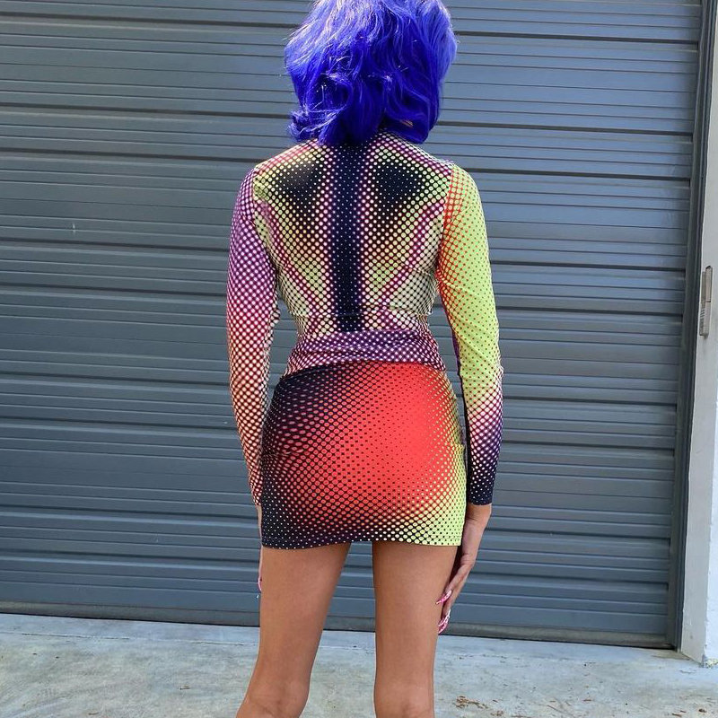 Autumn Streetwear Women 2 Piece Outfits Dot 3D Printed T Shirt And Skirt Long Sleeve Co ord Sets Bodycon Baddie Clothes 220714