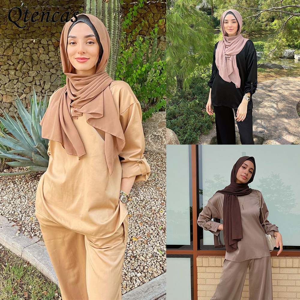 

Eid Mubarak Dubai Abaya Turkey Two Piece Muslim Sets Hijab Dress Islam Abayas for Women Tops and Pants Suit Musulman Ensembles