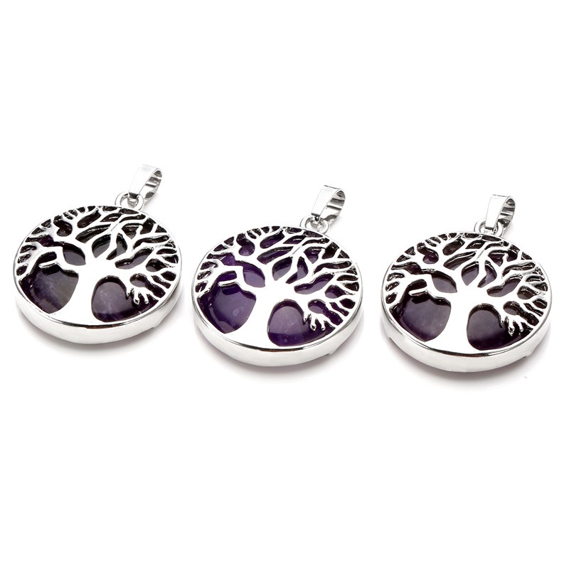 Natural stone Tree of Life Gem Necklace Chakra Reiki Healing Crystals Round Pendant Necklace Jewelry