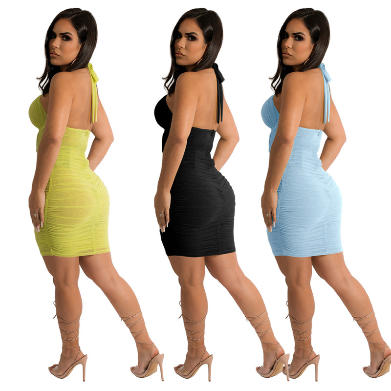 New Wholesale Sexy Backless Dresses Summer Women Mesh Hollow Out Dress Solid Bodycon Mini Skirt Sexy Hip Package dress Party Night Club Wear Bulk 7193