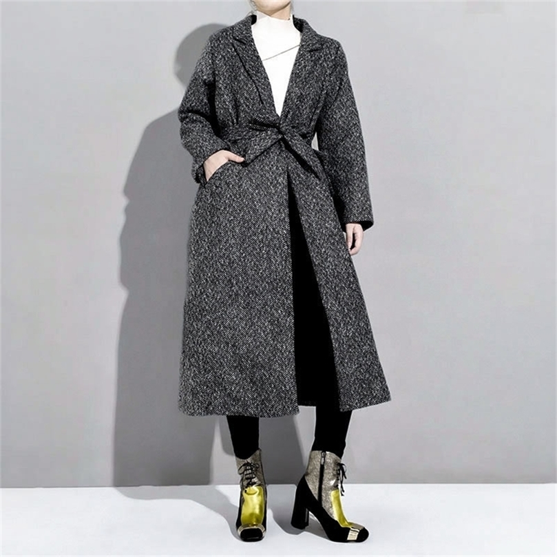 LANMREM Antumn Winter Herringbone Casual Open Stitch Pockets Wide-waisred Mid-calaf Loose Coat Woman Overcoat EF443 201222