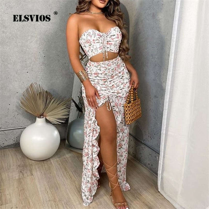 Spring Sexy Chest Wrap Off Shoulder Short Top And Folds Ruffle Long Skirt Suit Ladies Elegant Set Floral Print Party 2 Piece 220602