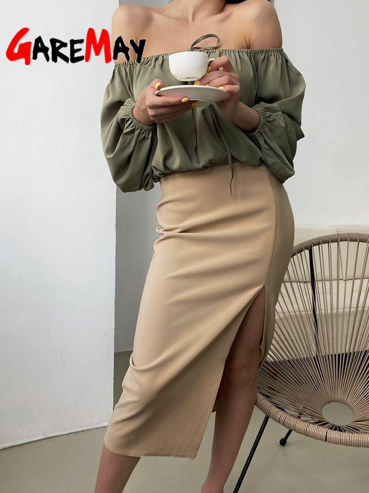 Casual Autumn Midi Skirt with Slit White HighWaist Elegant Womens Pencil Skirt OL Style Straight Bodycon Office Skirt Lady 220701