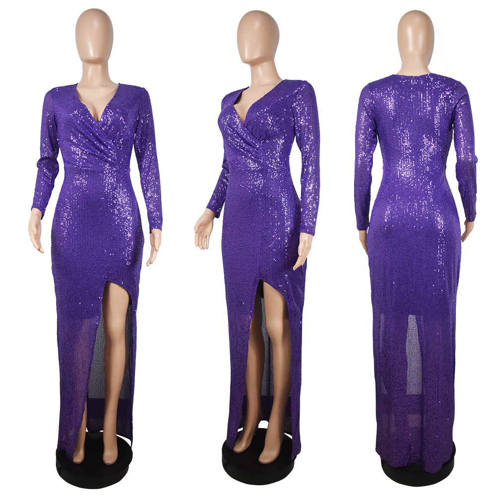 Sexy Purple Sequin Evening Dress 2022 V Neck Long Sleeve Prom Dresses With Front Slit Sparkle Formal Dance Party Dress African Black Girls Special Occ