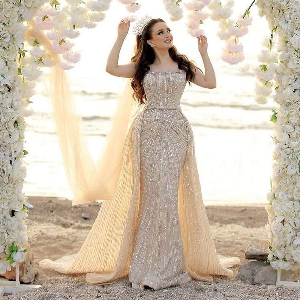 Sparkly Champagne Mermaid Country Wedding Dresses with Remove Train 2022 Off Shoulder Arabic Bohmemian Bridal Reception Gowns