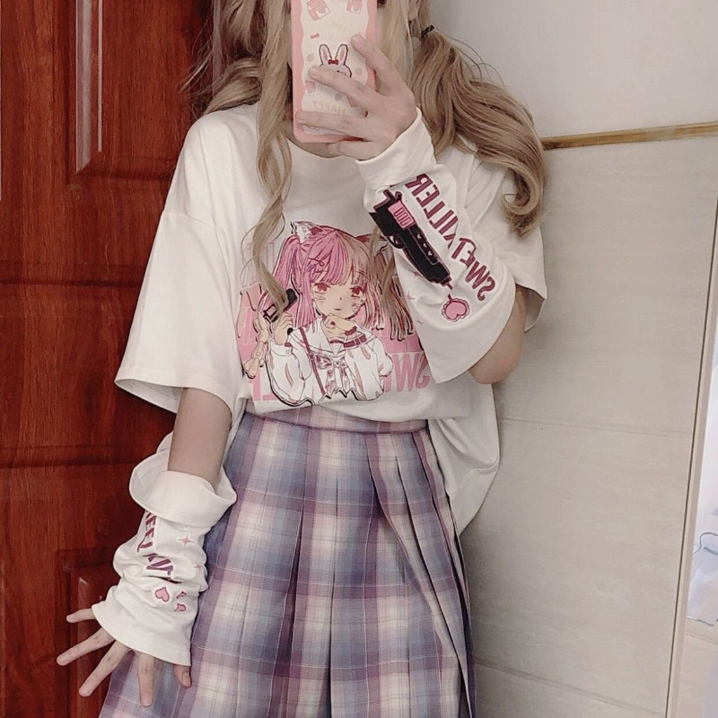 HOUZHOU Anime Print Graphic T-shirt Women Summer Goth Top Mujer Split Sleeves E Girl Y2k Clothes Aesthetic Harajuku Kawaii Tees 220321