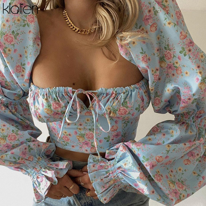 KLALIEN Spring Summer Fashion Elegant French Romantic Floral Puff Sleeve Square Collar Women Blouses White Chiffon Shirt 220407