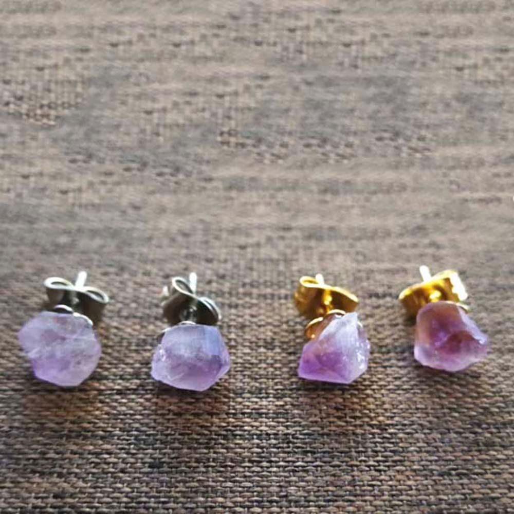 Mini Raw Mineral Purple Crystal Stud Earrings Stainless Steel Ear Studs 6-10mm Small Flower Natural Amethysts Quartz Earrings