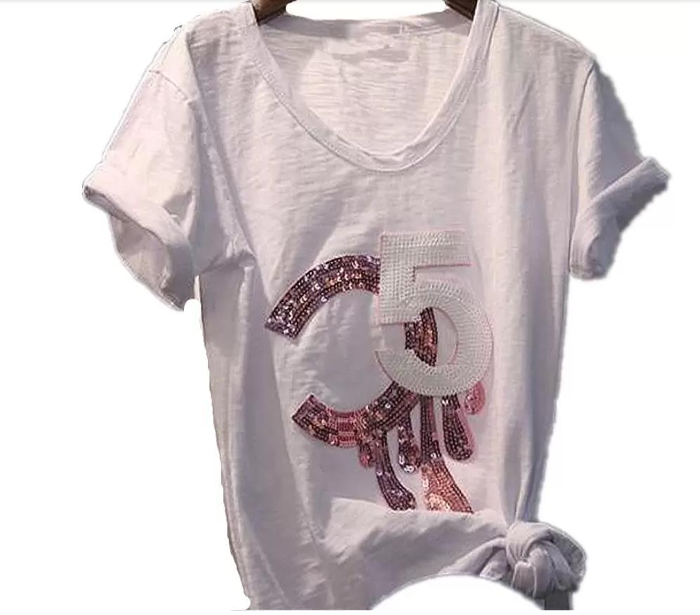 Women Top White T Shirt Letter Casual Short Sleeve Sequined T-Shirt Fashion Tee Femme Lady Clothes