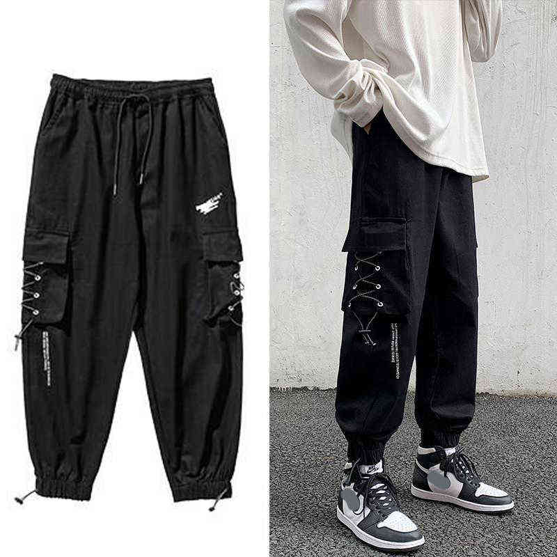 Men Summer Clothes Black Cargo Pants Sweatpants Korea dent Techwear Hip Hop Joogers Men Ribbon Homme Pants Trousers For Men G220507