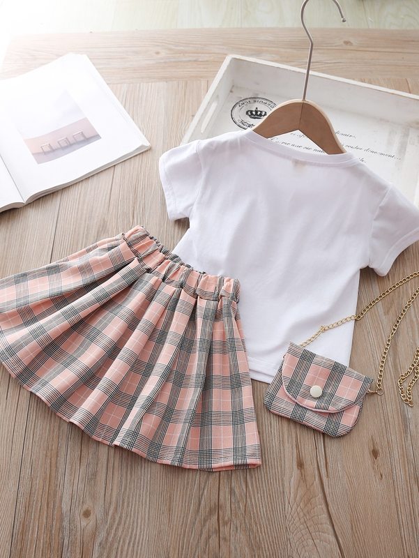 Toddler Girls Slogan Graphic Tee & Plaid Skirt & Bag SHE