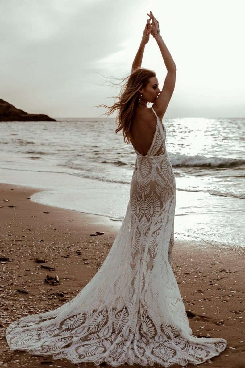 Beach Lace Mermaid Wedding Dresses 2022 BHLDN Spaghetti Backless Vestidos de noiva sereia barato Summer Holiday Bohemian Bridal Gown