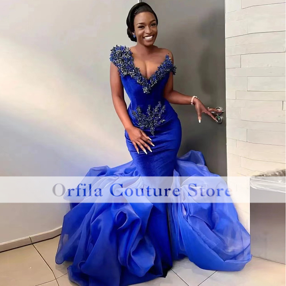 Royal Blue Prom Dress Women For Party Beading Satin Aso Ebi African Evening Gowns 2022 vestidos de noche