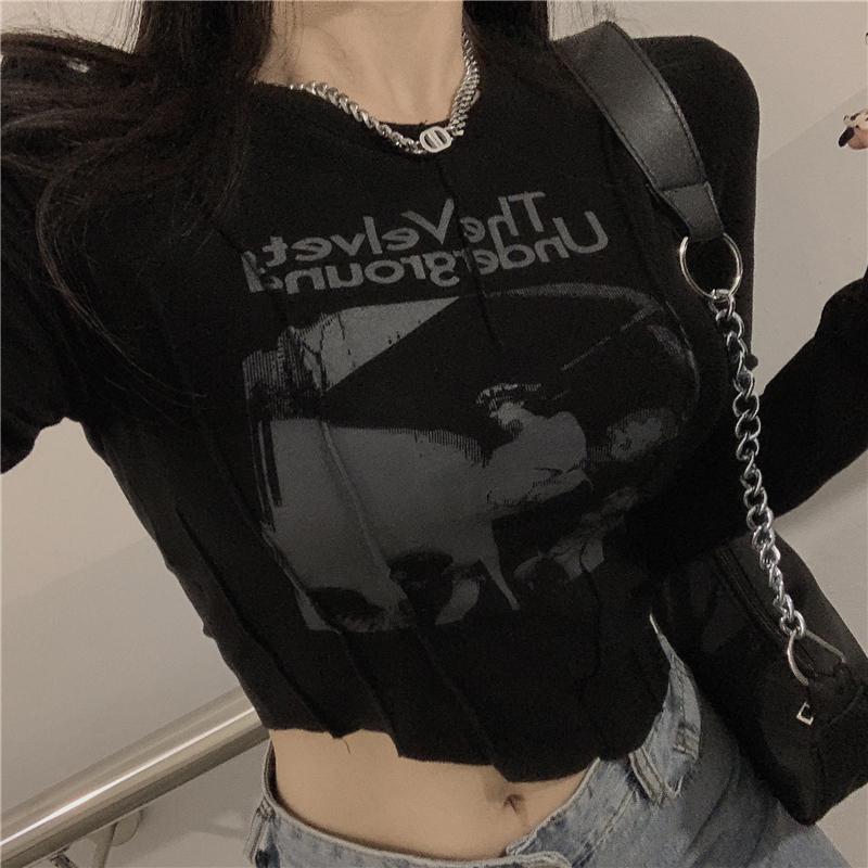 Yedinas Casual Slim T-shirt For Women O Neck Long Sleeve Sexy Crop Top Grunge Letters Print Female Korean Fashion Clothing 220328