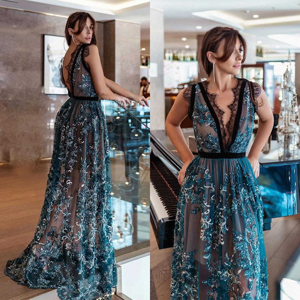 Hunter Elegant Evening Dresses Applique Lace Custom Made Sleeveless Perspective V-Neck Party Prom Dress Robe de mariée