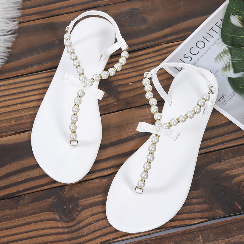 Summer Women Sandals Flat Clip-toe Pearl String Sandals Plus Size Women Shoes 43 Trendy Beach Pink Shoes Slip-On 220406