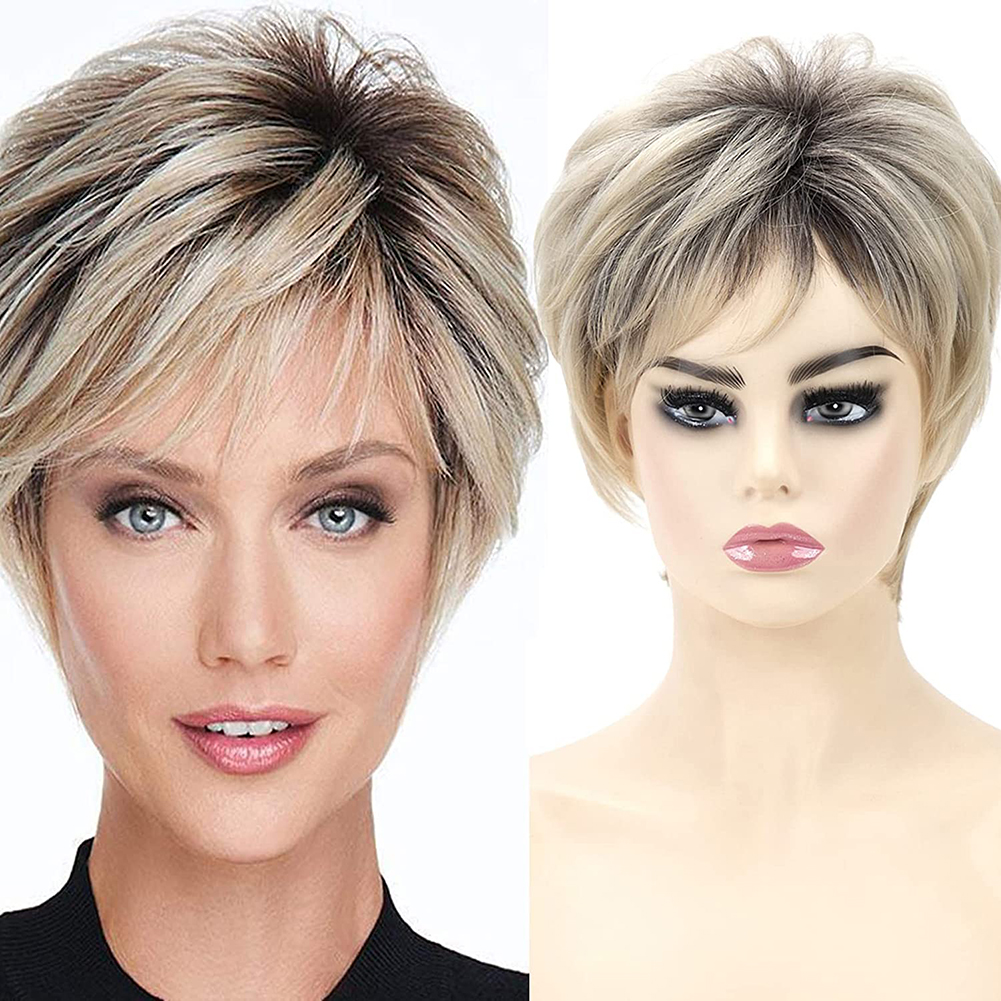 Short Ombre Sliver Gray Pixie Cut Wig Dark Root Straight Layered Synthetic Hair for Black White Women