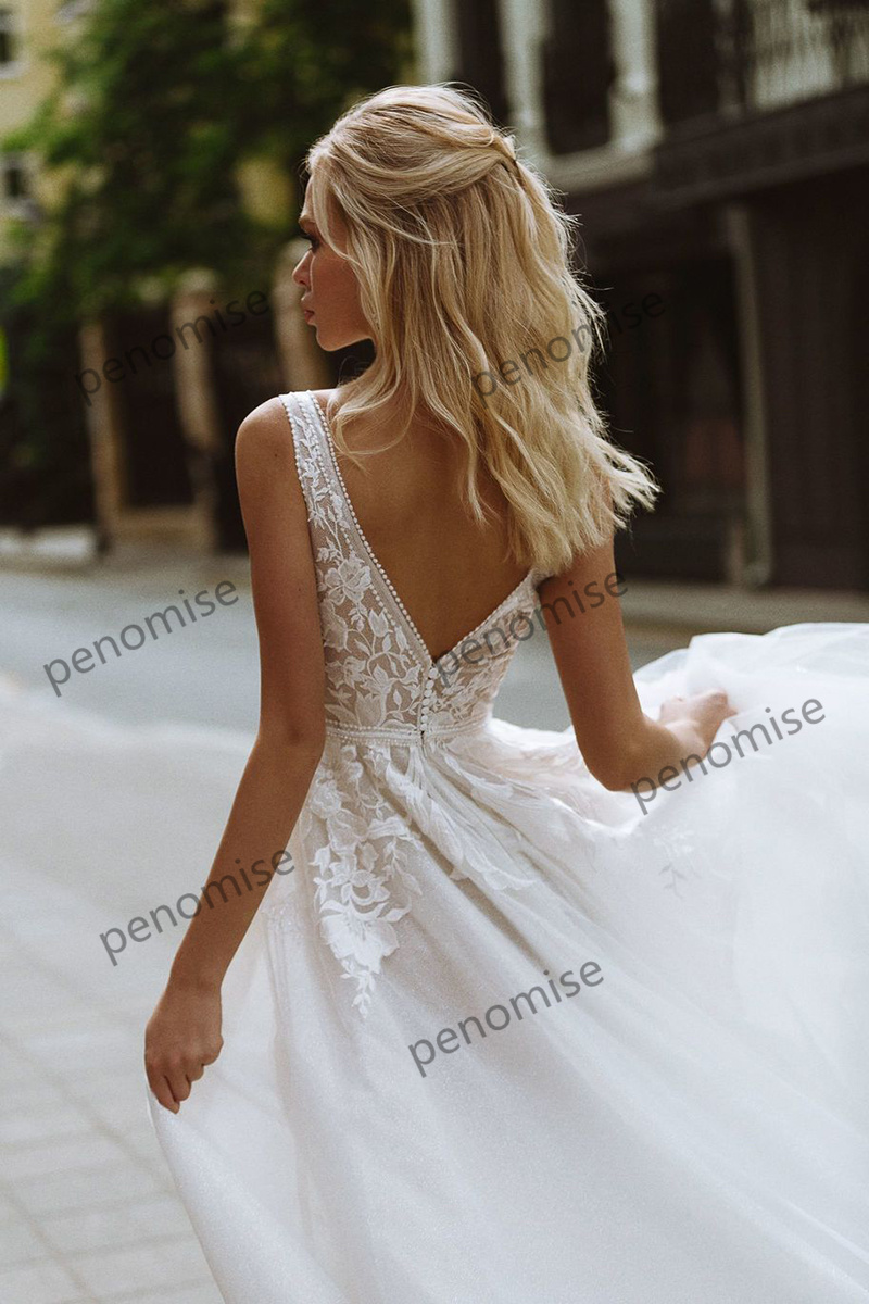 Elegant Boho Wedding Dresses V Neck Lace Beach Bridal Gowns Floor Length Open Back vestido de novia