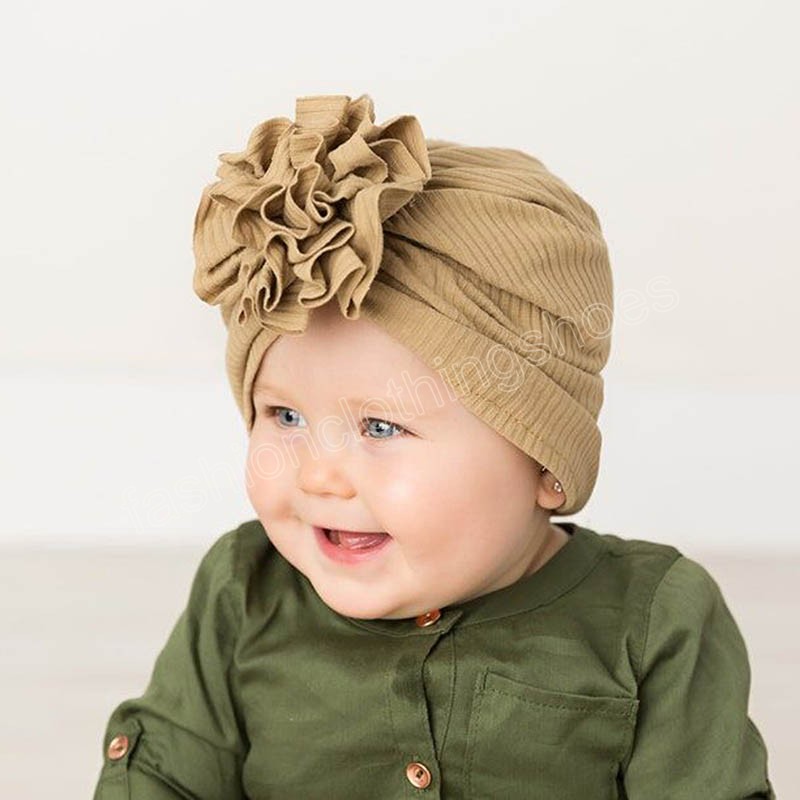 Solid Color Baby Hat Big Ruffled Flower Baby Girl Turban Head Wraps Kids Bonnet Beanie Newborn Photography Props