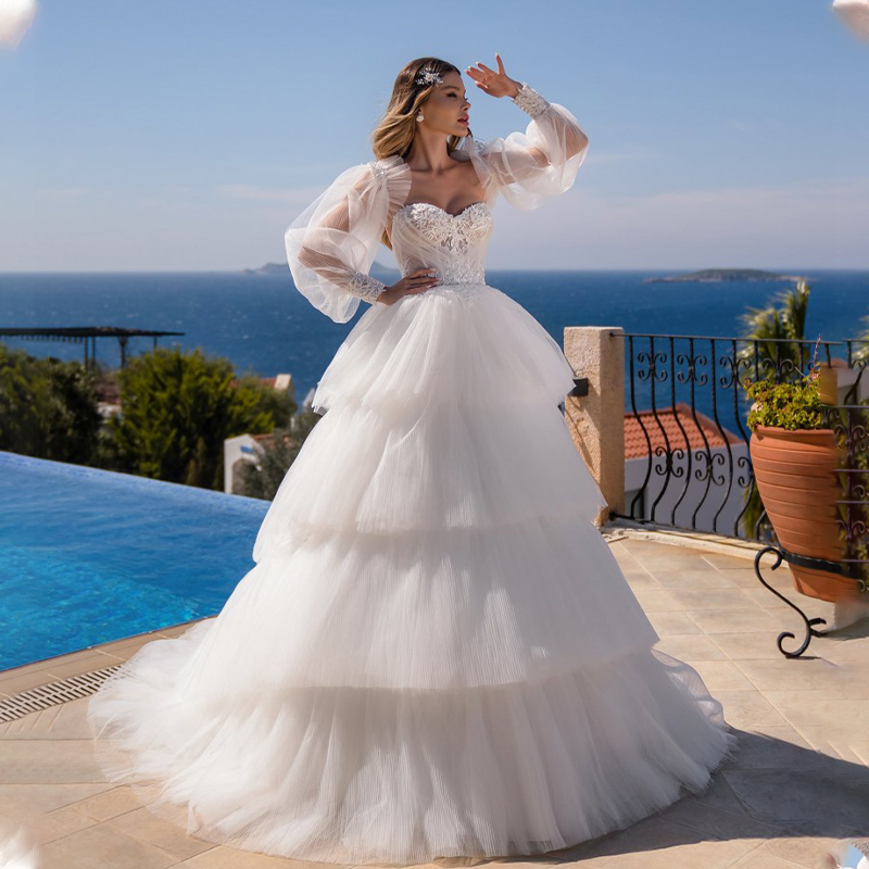 Multilayered Ruffles Wedding Dresses Removable Sleeves Bridal Gowns Lace Appliqués Open Back Women Formal Robe de mariée Custom Made