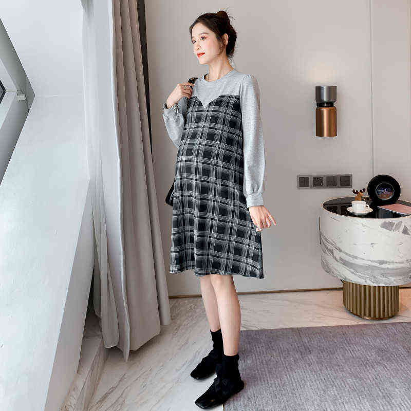 And Autumn Loose Maternity Dress Long Lantern Sleeves Cotton Patchwork Plaid Pregnant Woman Plus Size Dress Clothing J220628
