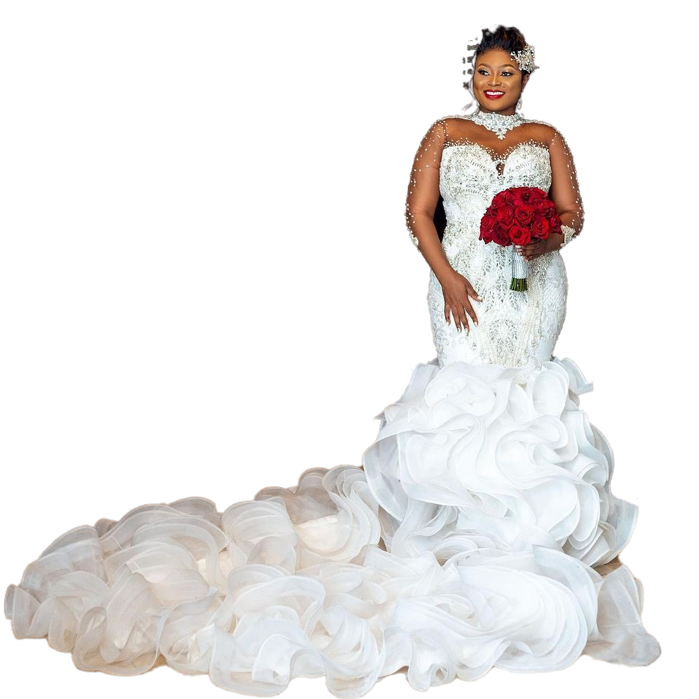 Luxury Crystals Beaded Aso Ebi Wedding Gowns Long Train Flouncing Ruffles Long Sleeves High Neck Lace-up Mermaid Chapel Bridal Dresses Afrian Robe De 