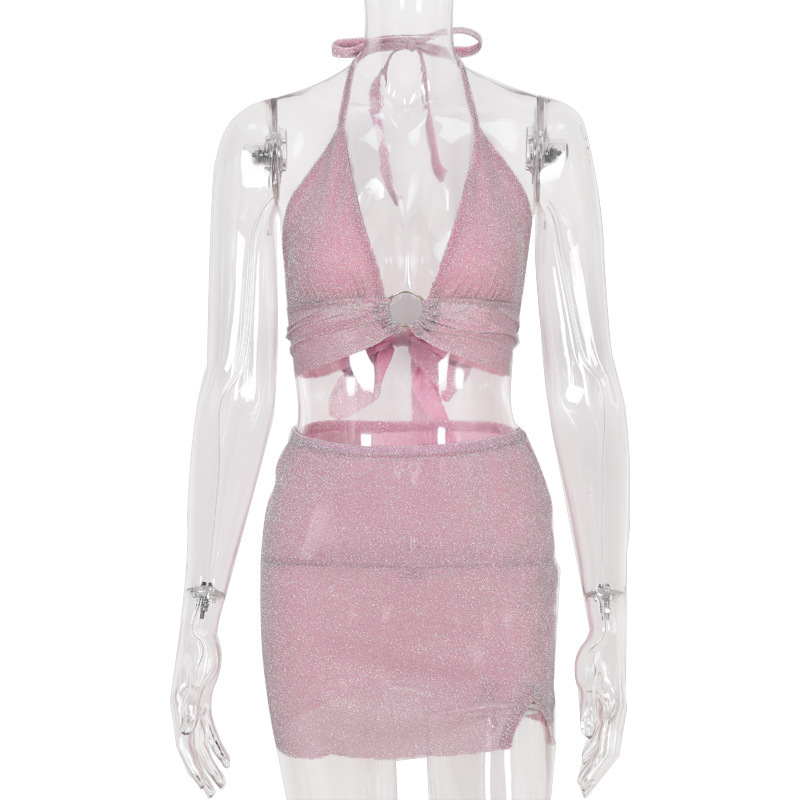 Women Two Piece Skirts Sets Summer Pink Glitter Sexy Club 2Pcs Set Halter Cropped Tank Tops and Mini Skirts Female 220602