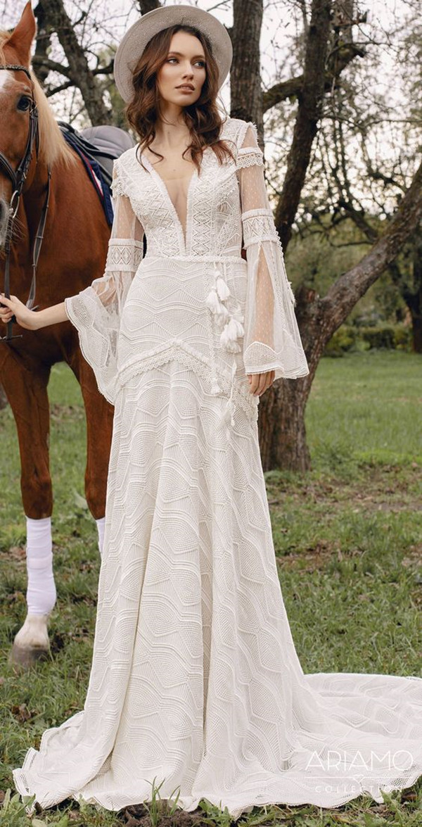 Crochet Lace Cotton Beach Wedding Dresses 2022 Long Sleeve V-neck Bohemian Country Backless Bridal Gowns vestidos de novia