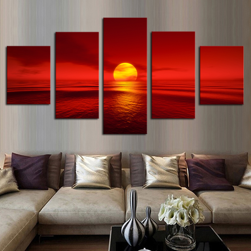 Sunset Red Sun Sea Natural Landscape 5pcs Modern Home Wall Decor Canvas Picture Art HD Print Painting On Canvas for Living Room