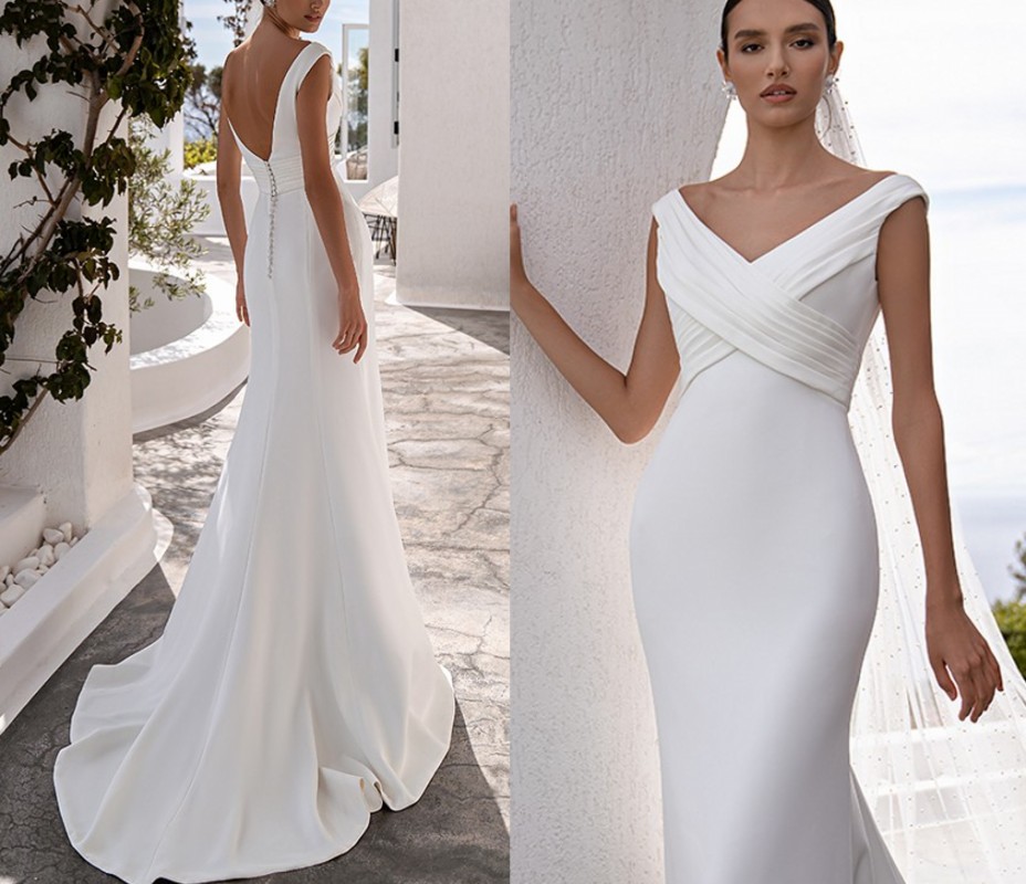 Sexy Soft Satin Wedding Dresses White V-neck Backless Bride Dress Sweep Train Floor Length Mermaid Simple Vestidos De Noiva