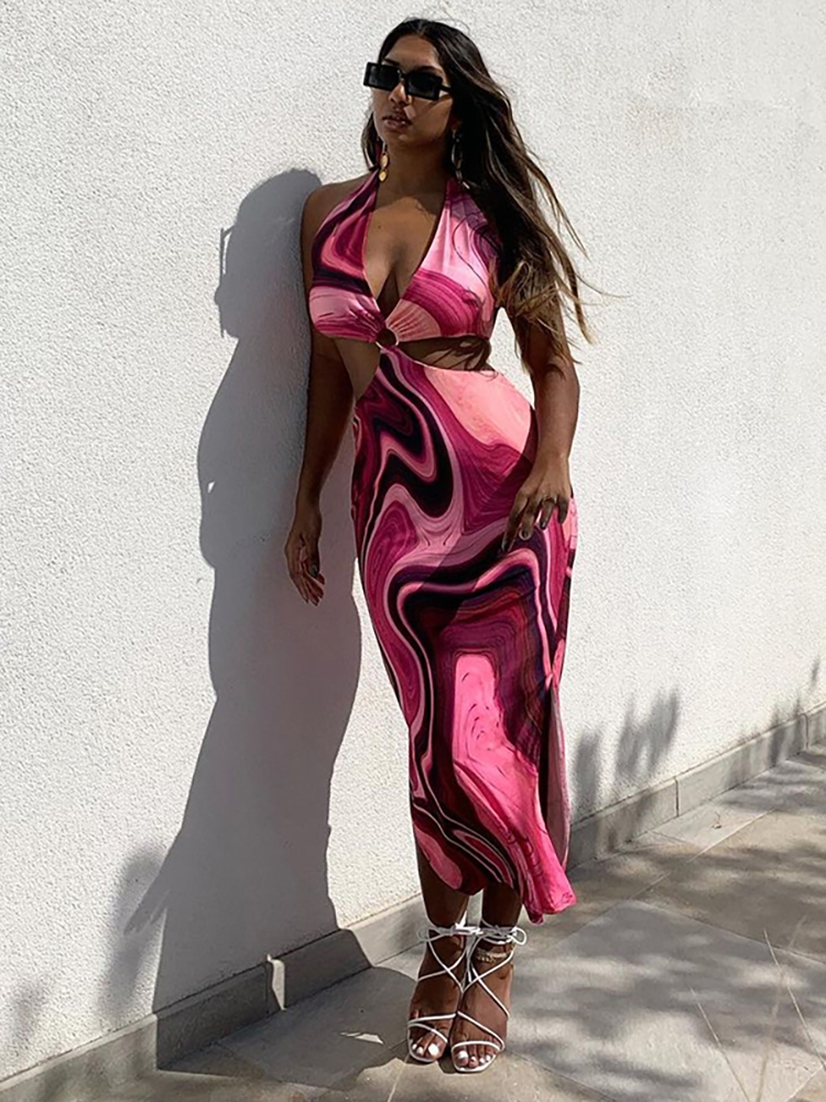 Asia Tie Dye Summer Dress Woman Lace up Hollow out Backless Split Halter Long Dress Lady Chic Sexy Beach Holiday Party Robe 220511