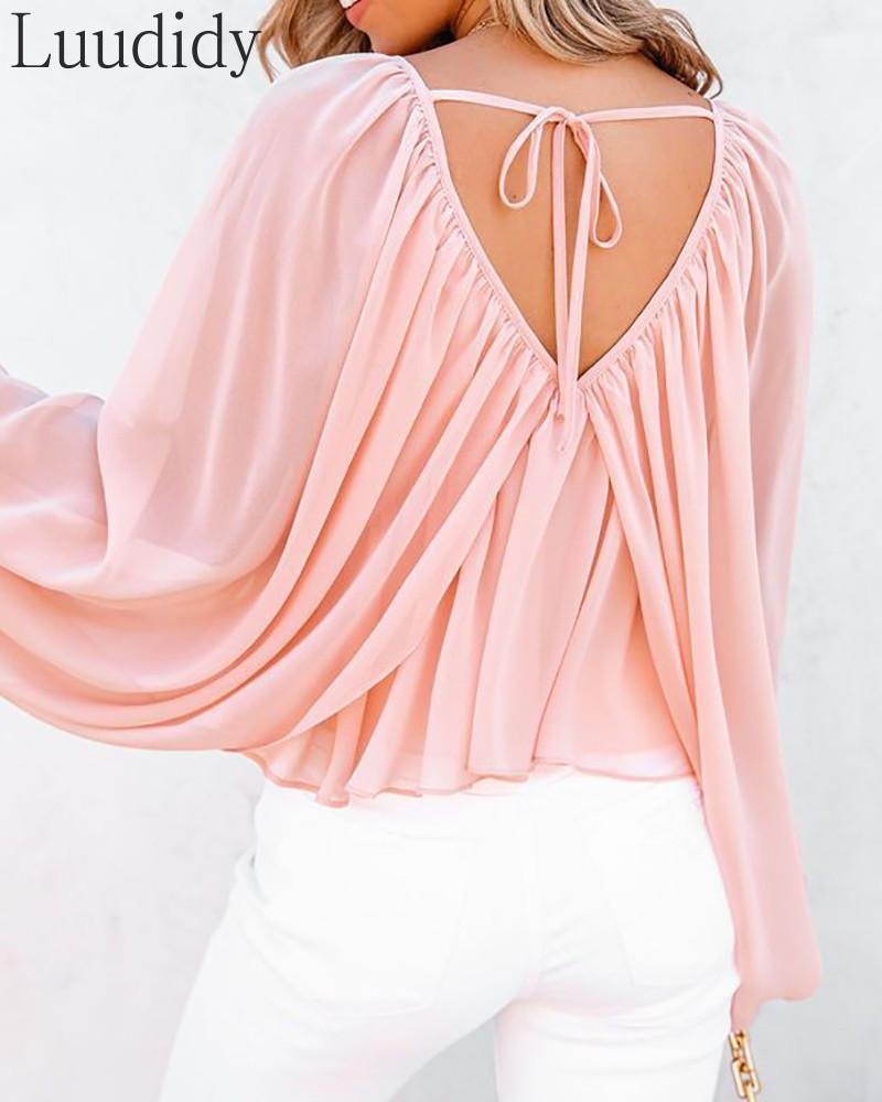 Women' Blouses & Shirts Women V-Neck Casual Blouse Tied Detail Backless Ruched Long Sleeve Top, Pink
Women' Blouses & Shirts Women V-Neck Casual Blouse Tied Detail Backless Ruched Long Sleeve Top, Pink