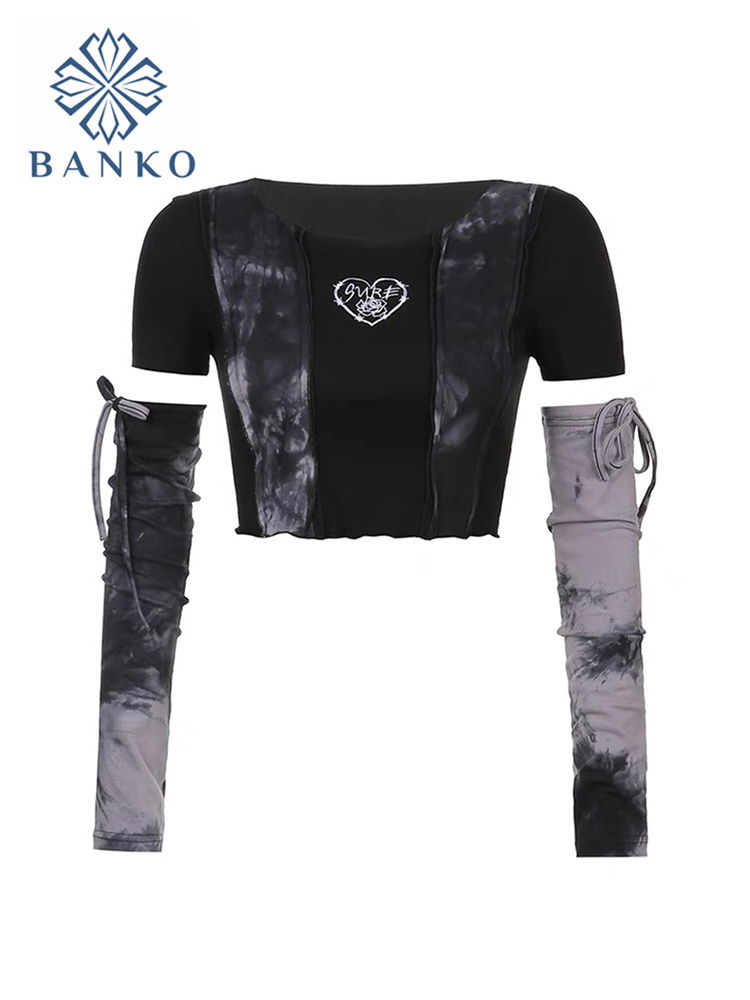 Y2K Gothic Harajuku Dark E-girl Punk Style Spring Patchwork T-shirt Tie Dye Crop Tops Hip Hop Women Long Sleeve Tee Streetwear 220411