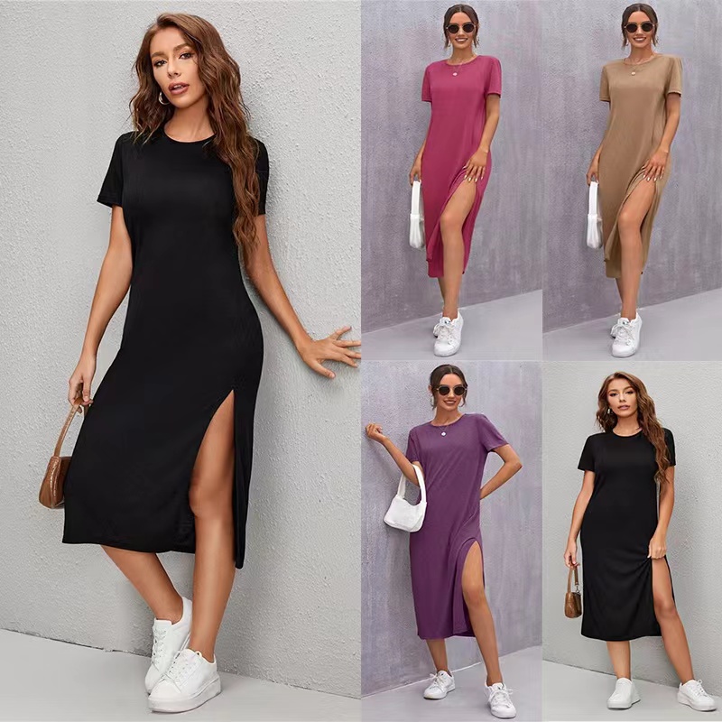 2022 style ladies skirt spring and summer women's knitted short-sleeved dress round neck slit, Black
2022 style ladies skirt spring and summer women's knitted short-sleeved dress round neck slit, Black