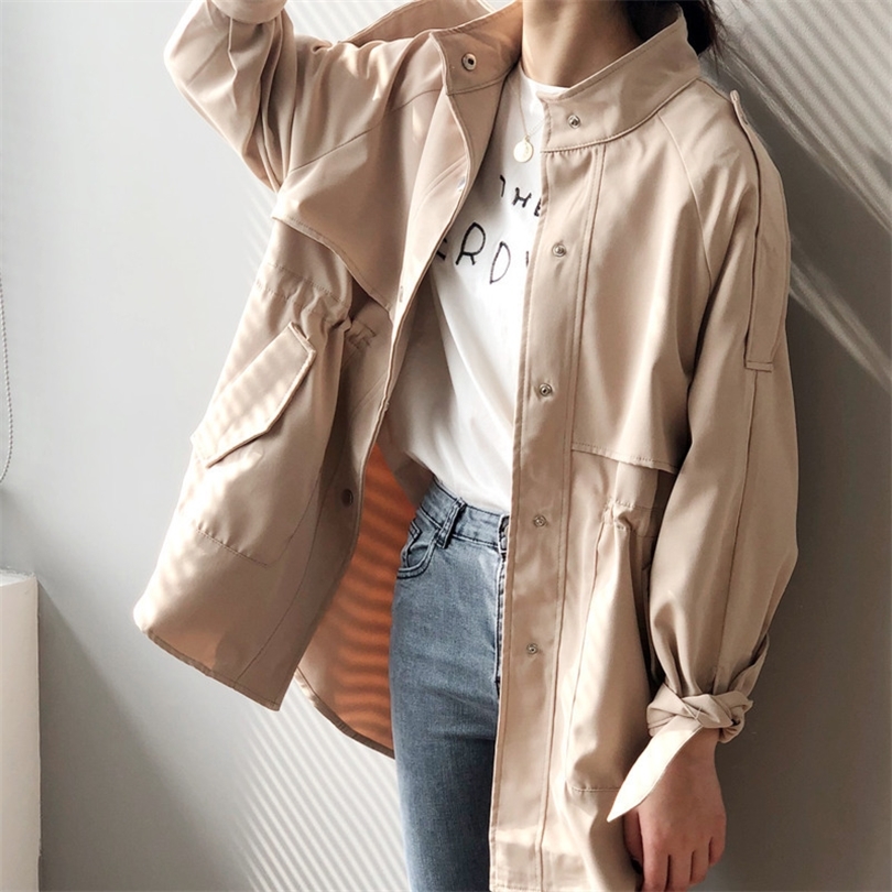 Yeeloca Casual Windbreaker Female Full Sleeve Midlength Mandarin Collar Straight Cardigan Autumn Women Korean Loose Slim Coat 201111