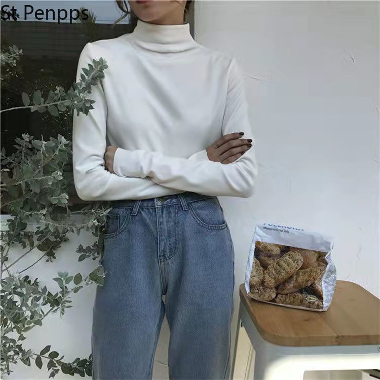 T shirt Long Sleeve Loose Striped Solid Turtleneck Womens All match Simple Leisure Korean Style Trendy Chic Soft 220714