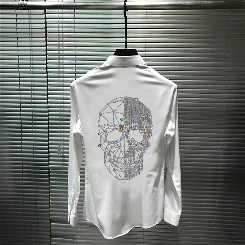 Loose Hip-Hop Style Men's Shirt Skull With Diamonds Shiny Personality Casual Bottoming Long Sleeves 220322