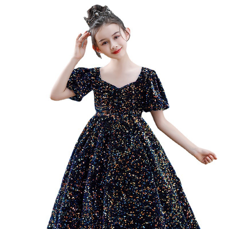 Sparkly Gold Sequins Flower Girls' Dresses Jewel Neck Backless Pageant Ball Gown Royal Blue Little Girl Princess Birthday Party Formal Wear