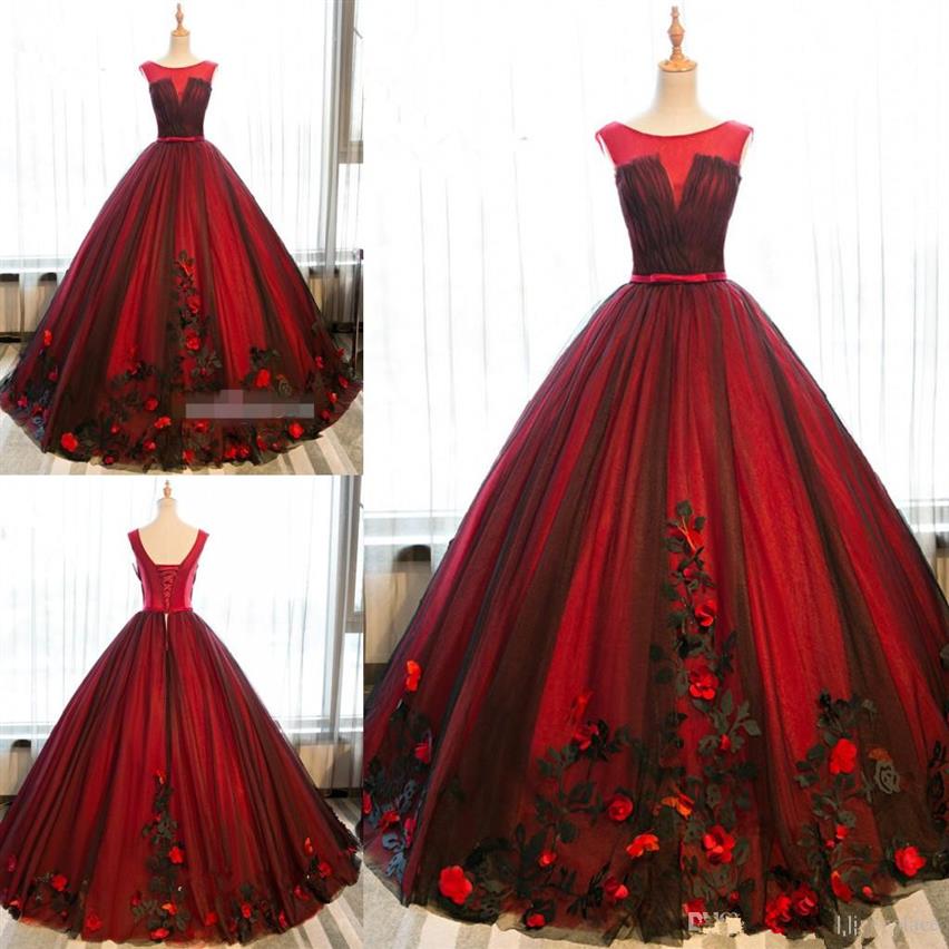 2020 Latest Black and Red Ball Gown Quinceanera Dresses Tulle Sweet 16 Lace Up Appliques Prom Dresses Party Gowns Special Occasion255R, Burgundy