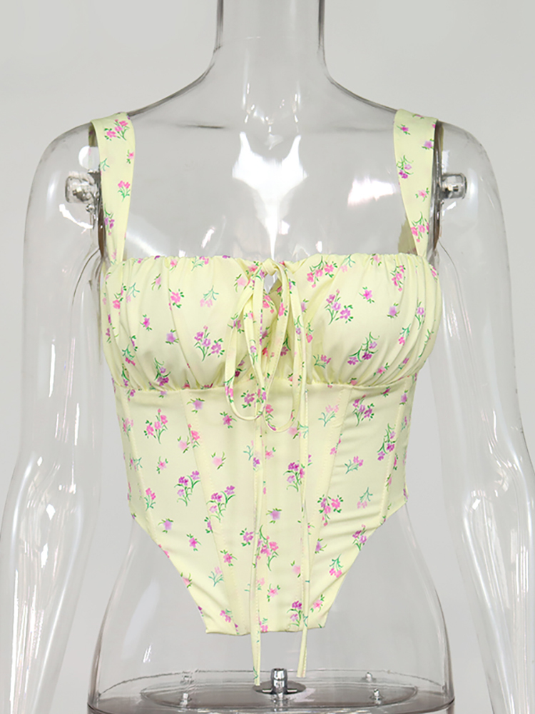 Asia Floral Corset Women Sweet Print Hollow Up Tie Sexy Crop Top Summer Sleeveless Ruched Boning Bustier Casual Tank 220316