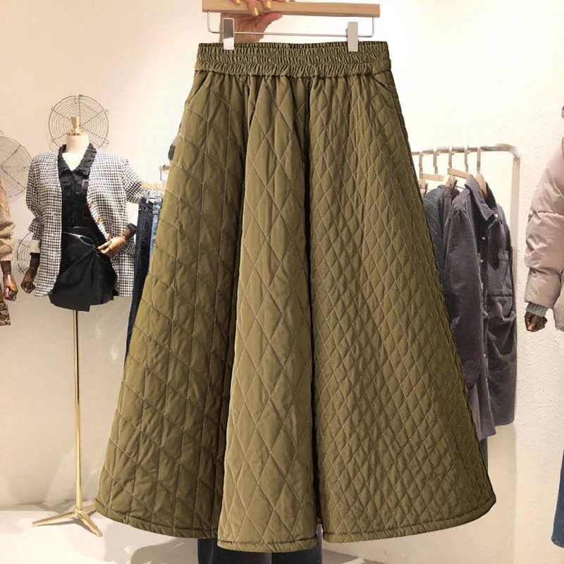 Kimutomo Korea Retro Women Skirts Autumn Winter Elastic High Waist Diamond Woven Solid Color A-line Bottoms Femme 220317