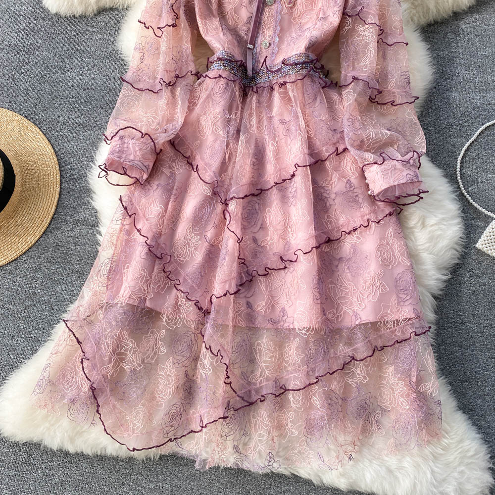 Floral French Style Long Dress Summer Women Zipper Beading Long Sleeves Embroidery Ladies A Line Slim