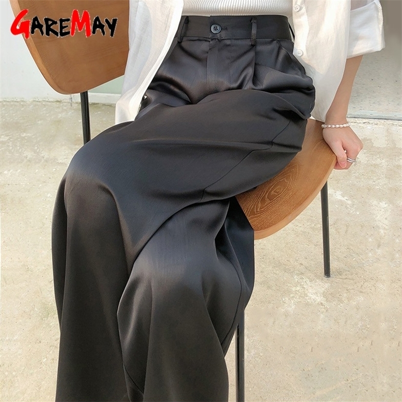 Summer Autumn Women's Pants Loose Classic Black Straight High Waist Casual Korean Silk Satin Wide Leg Trousers for Women 220325