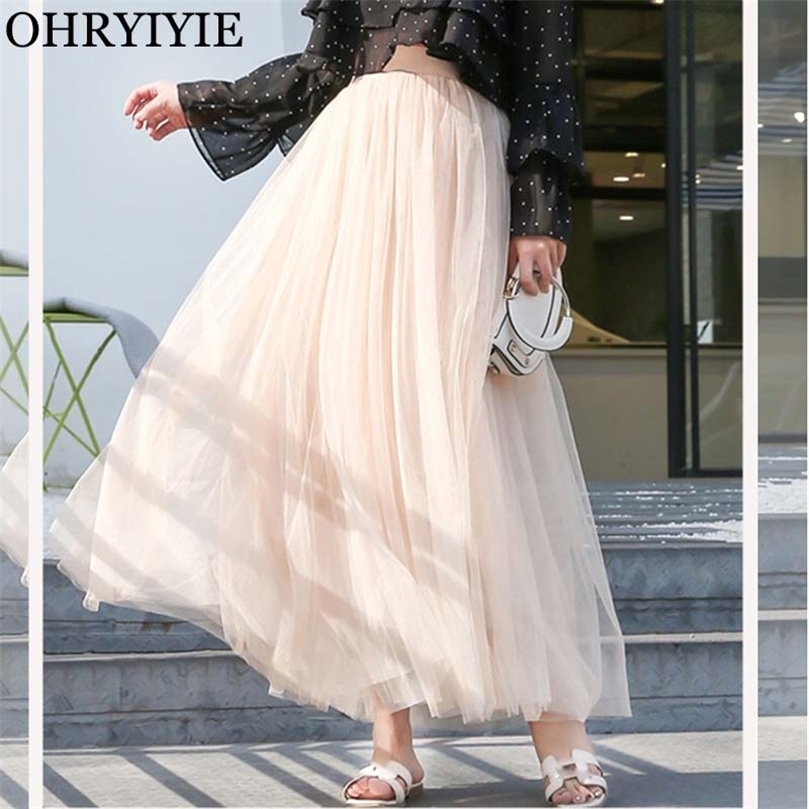 OHRYIYIE Maxi Long Tulle Skirt Women High Waist Ball Gown Skirts Spring Summer Elastic Adult Tutu Jupe Longue 220317