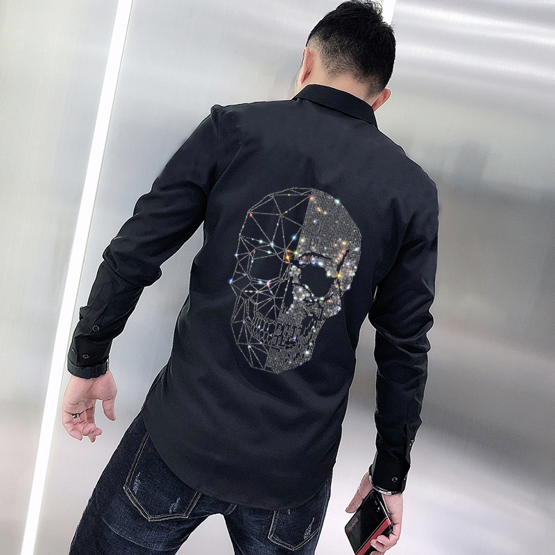 Loose Hip-Hop Style Men's Shirt Skull With Diamonds Shiny Personality Casual Bottoming Long Sleeves 220322