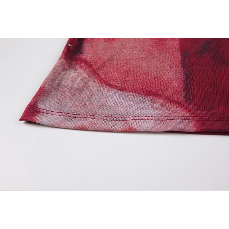 Tie Dye Mesh High Neck Hand Painted Printed Women Top Summer Fashion Sleeveless Slim T Shirt Lady Holiday Beach Style Tops 220328