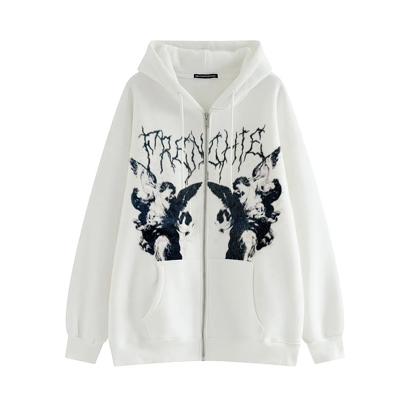 Women Hip Hop Streetwear Hoodies Autumn Winter Angel Print Jacket Coat Goth Harajuku Y2K Zipper Outwear Oversized Hoodies 220809