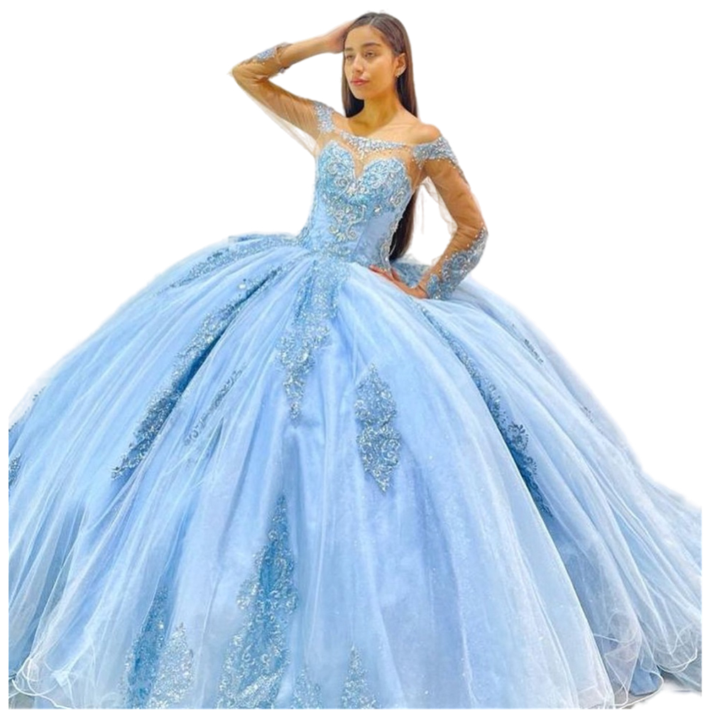 Princess Sky Blue Quinceanera Dresses Long Sleeve Lace Appliqued Tulle Ball Gown Sweet 16 Dress Appliqued Off Shoulder Prom Pageant 15 Years Party Gow