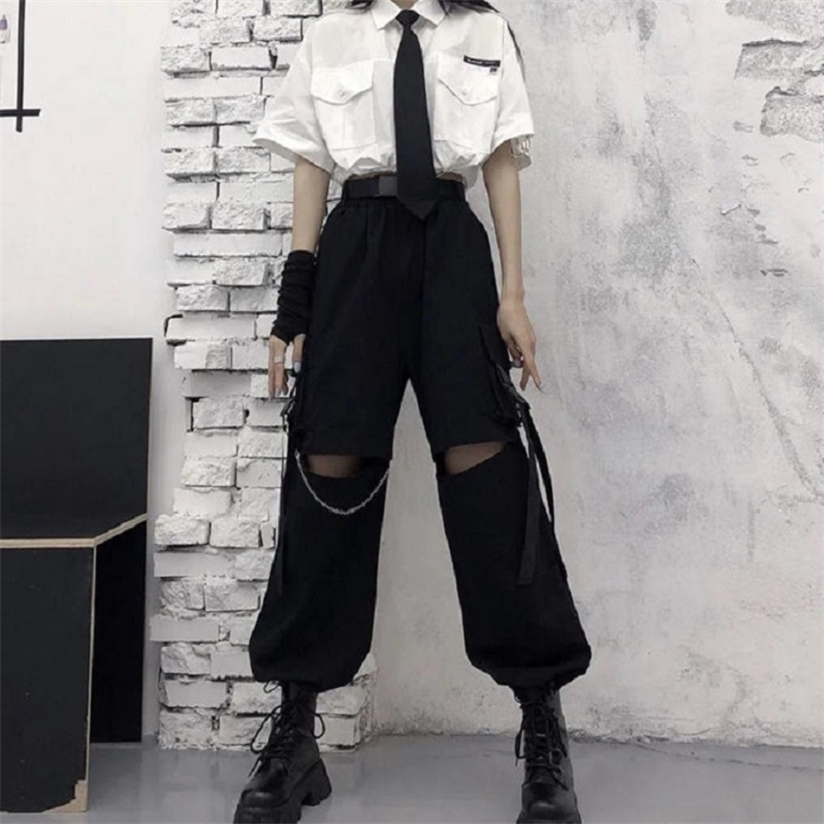 Autumn Fashion Cargo Pant Gothic Punk Black Wide Leg Lady Korean Street Wear Casual Trousers 220325